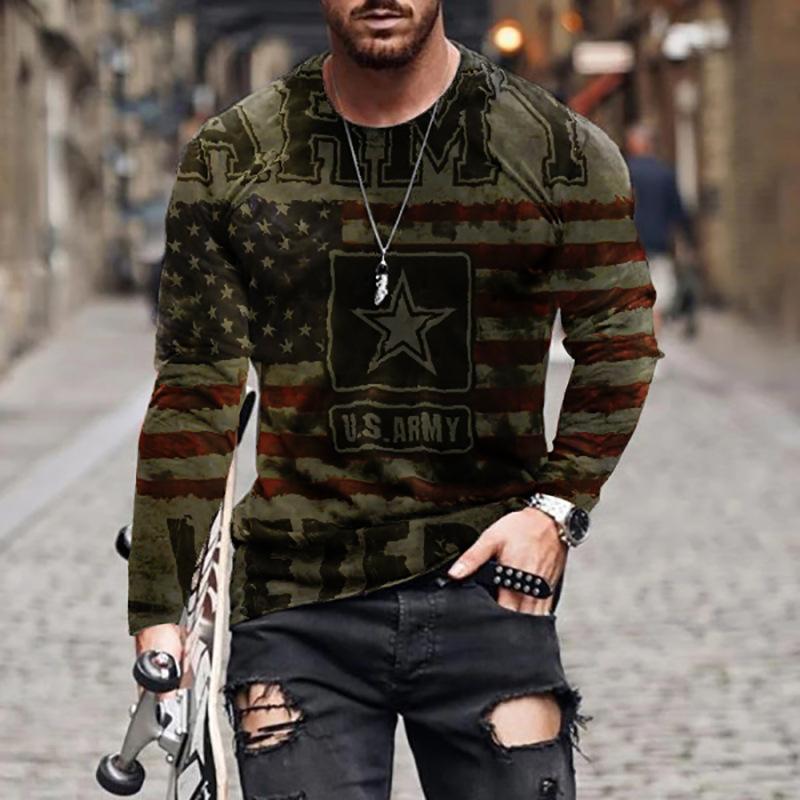 

Футболки с флагами в уличном стиле, спортивная одежда, весна-осень, круглый вырез, длинный рукав, мужская футболка больших размеров с винтажным 3D-принтом 6XL