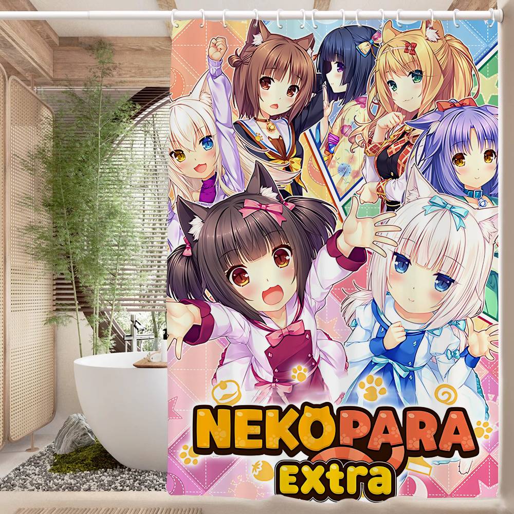 Nekopara Neko Anime Pattern Bathing Curtain Bathroom Shower Curtain Waterproof With 12 Hooks Home Deco