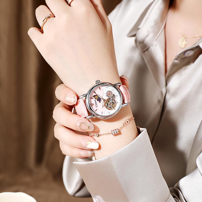 Genuine Automatic Mechanical Waterproof Watch for Women - Trendy Multi-Functional with Day, Date, Month, Year, and Starry Design.