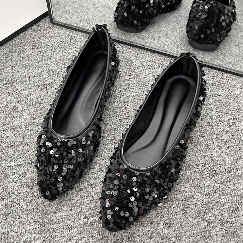 

Туфли женские на плоской подошве, удобные, мягкие, без застежек, повседневные туфли, модные, с блестками, с острым носком, блестящие туфли для вечеринок 43 чёрный