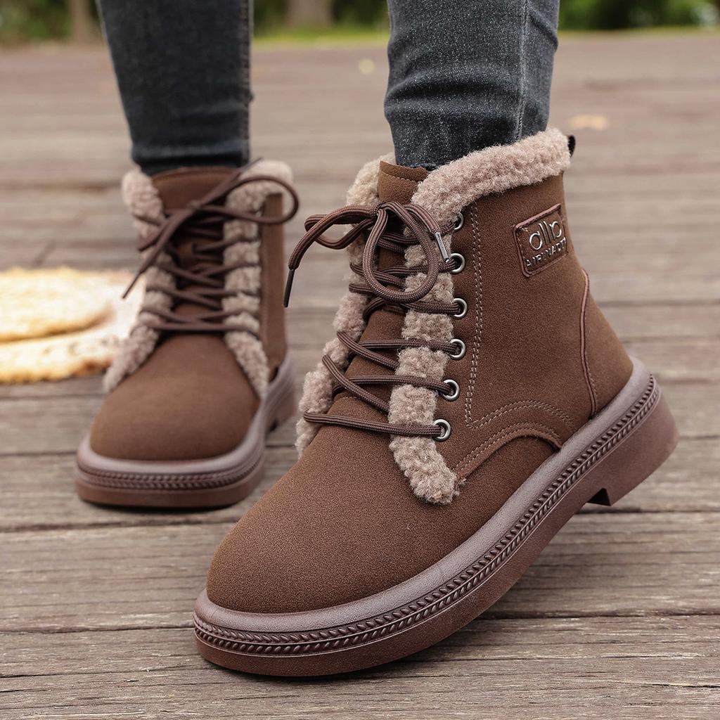 Women's Wide Width Front Lace-Up Martin Boots - Winter Warm Fleece Lined Ankle Boots, Fashion Casual Boots for Fall