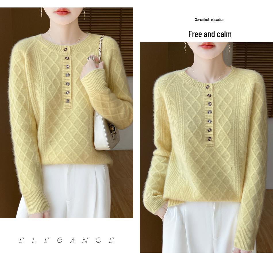 2025 Autumn/Winter Wool Knit Diamond Cable Base Layer Top - Cashmere, Thick & Soft
