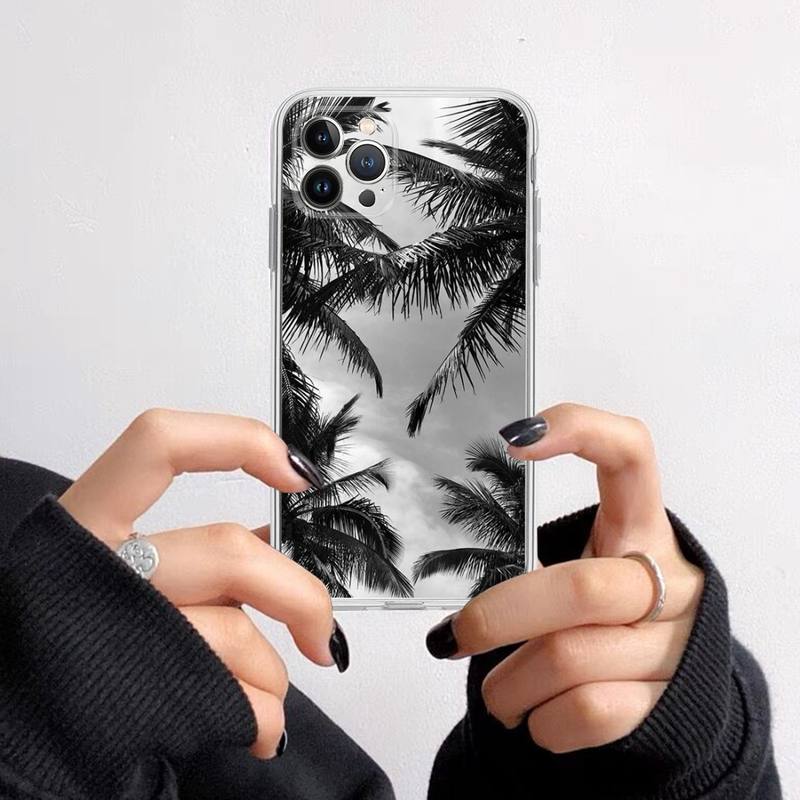 Black white palm leaves palm trees Phone Case For iPhone 14 13 12 11 Pro Max XS X XR SE 2020 6 7 8 Plus Mini Transparent Shell
