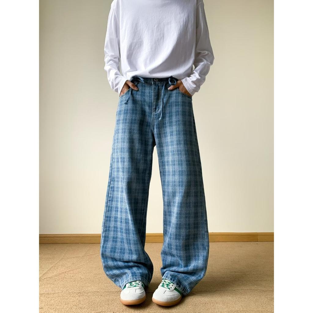 Blue Plaid Pants Men's Summer Thin Wide-leg Jeans American Vibe Non-stick Leg Straight Micro-pull Pants