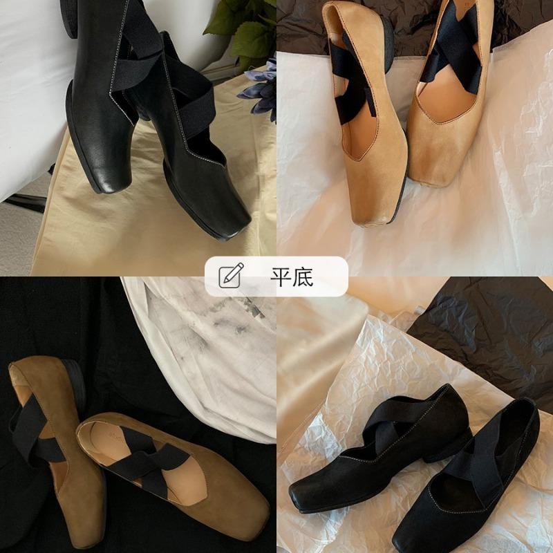 ~ High-heeled Mary Jane single shoes retro cross-strapped square-headed cowhide thick-heeled ballet shoes