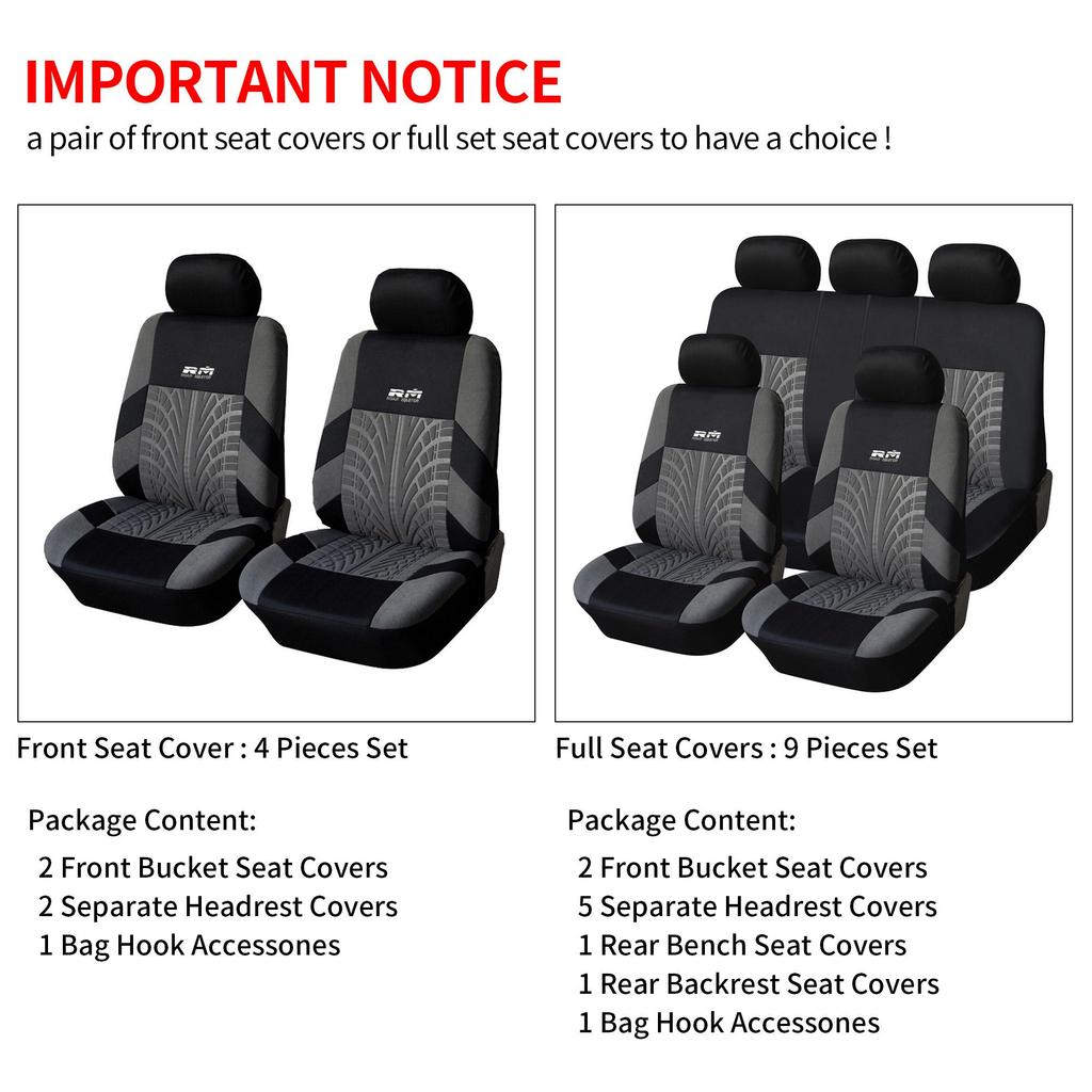 Autositzbezug-Set (Doppelsitze vorne und kompletter Satz), mit Reifenspurdetails, universell, Autositzschutzbezug, Autoinnenraum