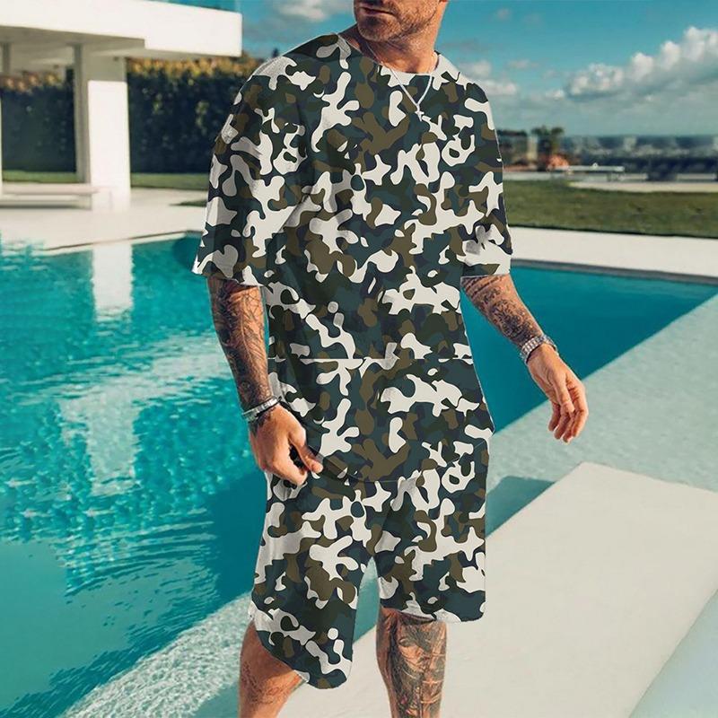 Summer Casual Breathable and Refreshing Sports Suit Oversized Men's Top Y2K Style 3D Printed Format Pattern Short Sleeve T-Shirt Man 2-Piece