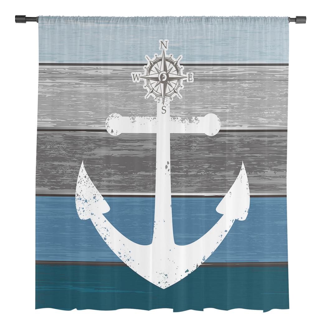 Vintage Farm Barn Wood Grain Anchor Blue Sheer Curtains for Living Room Decoration Window Curtains Kitchen Tulle Voile Curtains