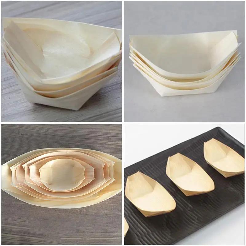 50pcs Sushi Shushi Wood Boat Natural Bamboo Disposable Kayak Sushi Plate Tray Salad Fruit Dessert Pine Cake Boat Snack Bowl Mat