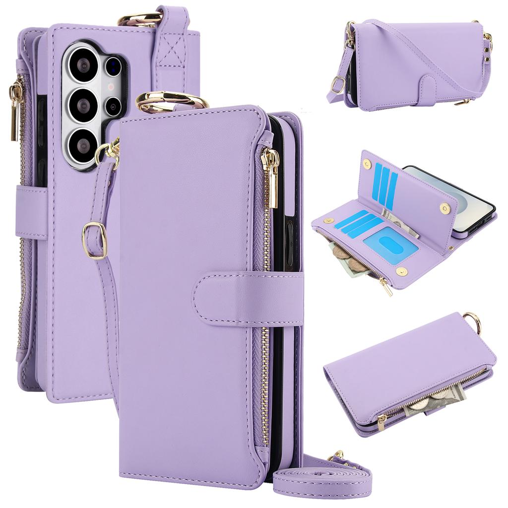 Luxusní PU kožená peněženka na zip pro Samsung Galaxy S22 S23 S24 S25 S26 Ultra Plus Odnímatelná šňůrka přes rameno Držák na karty