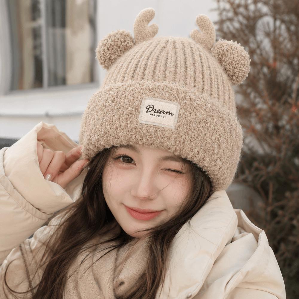 Windproof Plush Warm Hat Cute Deer Ear Pullover Cap Trend Plush Fur Hat  Winter