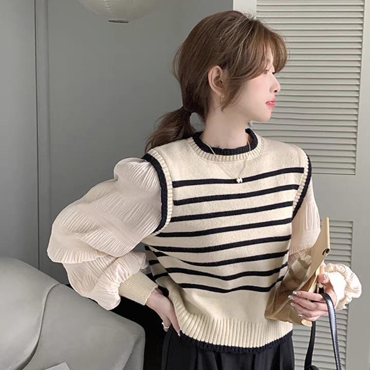 Women's 2023 French Style Striped Patchwork Long Sleeve Knit Sweater