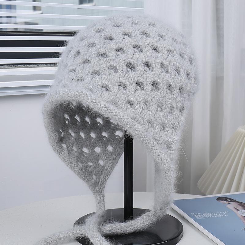 Source thick thread hollow braided lace-up pure rabbit hair knitted hat women's new retro ear protector wool hat