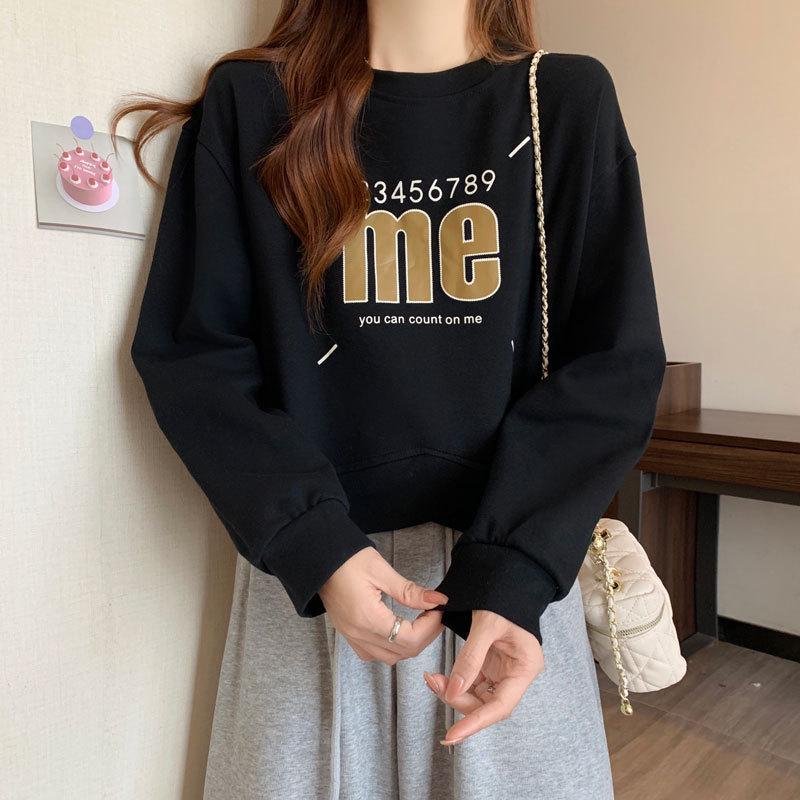 

High-End American Print Oversized Pullover Sweater: Casual Round Neck, Long Sleeve, Belly-Covering Short Top 2XL [150-170 lbs] розовый