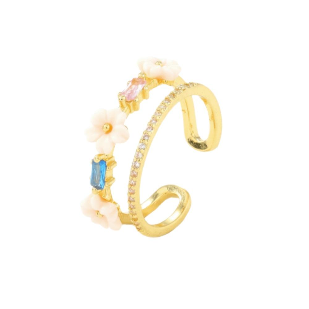 Einzigartiger Goldfarbener Blumenring Exquisites Design Funkelnder Eingelegter Offener Ring Süßer Kristall Zirkonia Ring Urlaubsaccessoires