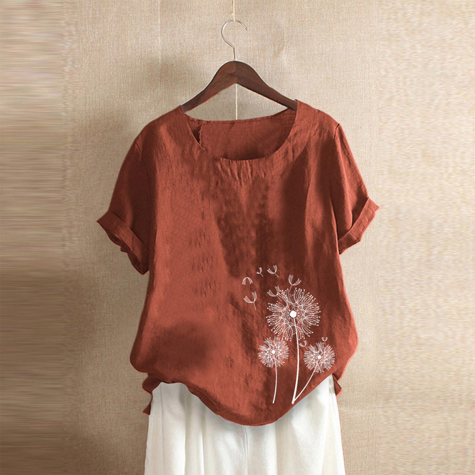 

Женская повседневная хлопковая льняная блузка с коротким рукавом и принтом, футболка XL оранжевый