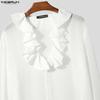 INCERUN Men Long Sleeve Stand Ruffled Neck Shirts Casual Buttons Mesh Sheer Tops