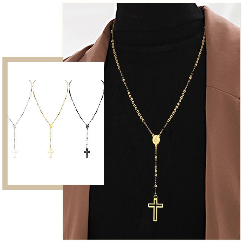 Damen Kreuz Rosenkranz Halskette, Maria mit Kreuz Anhänger, Schwarz Gold Farbe Edelstahl Christus Jesus Gebet Kirche Schmuck