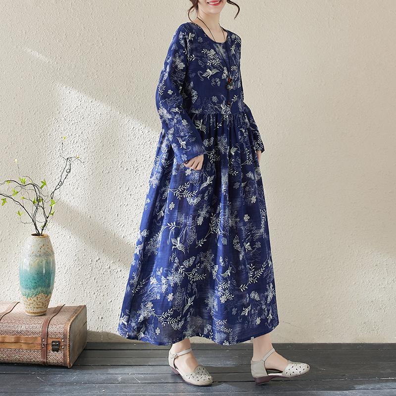 DIMANAF 2025 Plus Size Women Spring Summer Dress Vintage Lady Long Dress Floral Style Loose Maxi Dress Printing