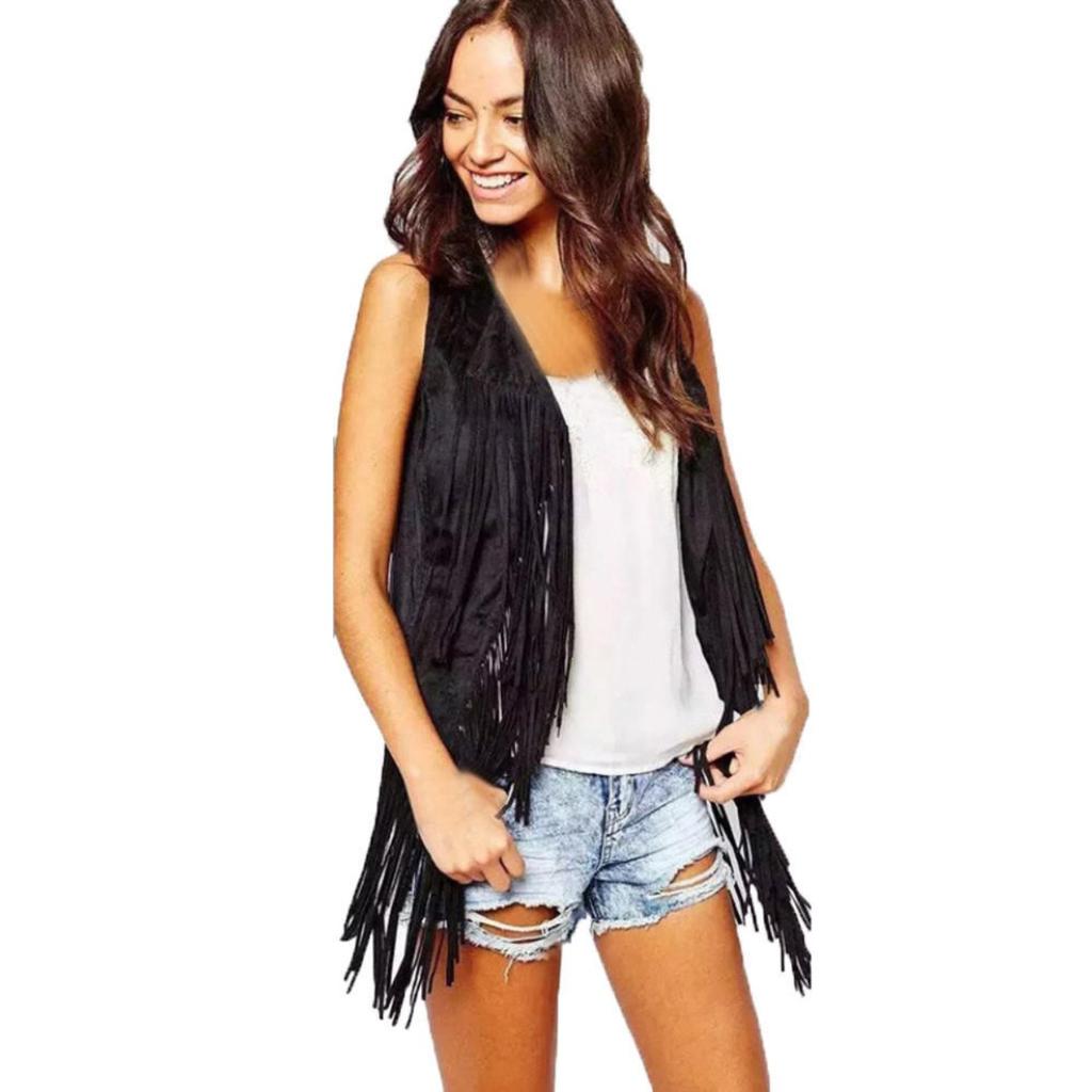 Women Autumn Winter Suede Ethnic Sleeveless Tassels Fringed Vest Cardigan
