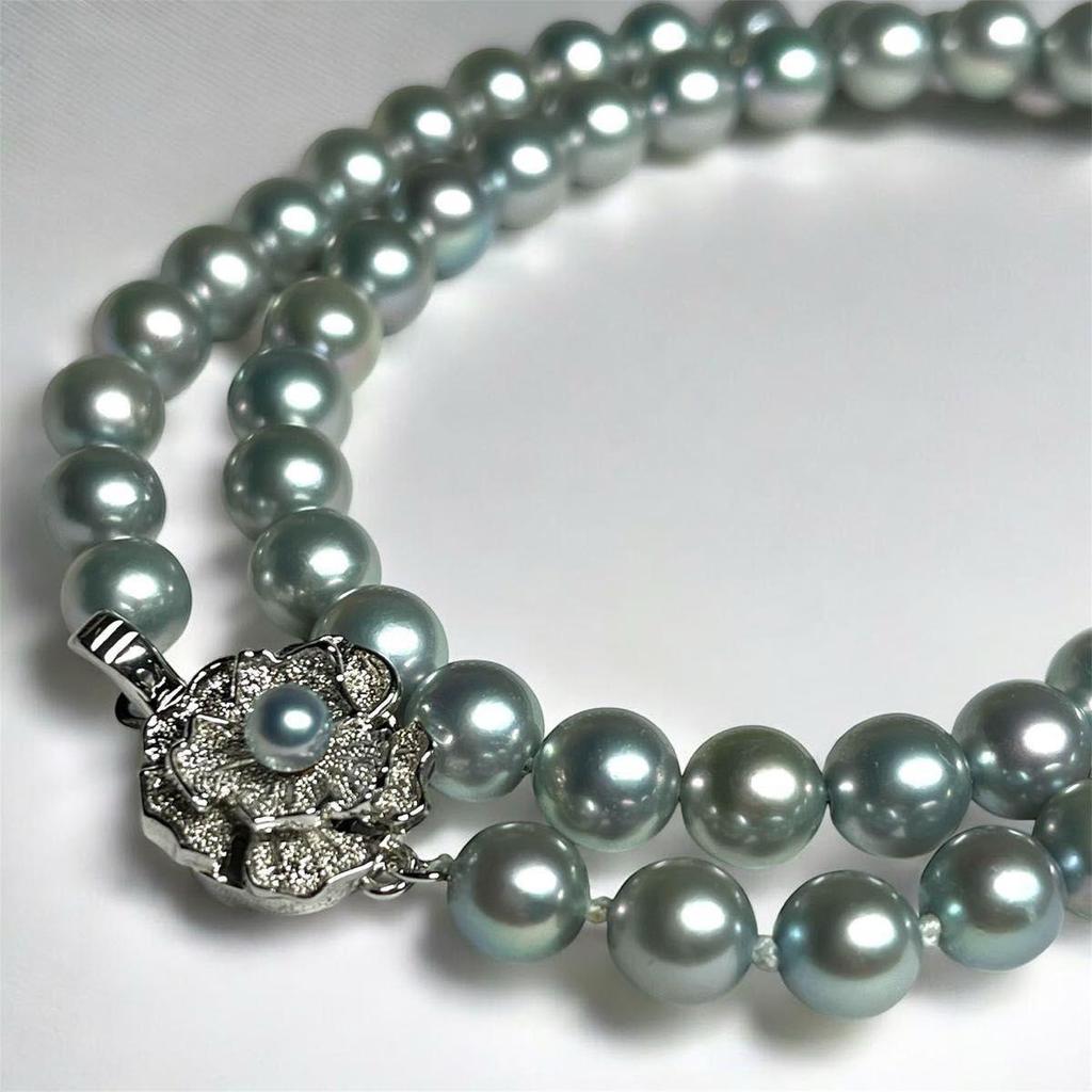 Used Akoya Pearl Blue Necklace Blue Gray 6.5-7.0mm Genuine Pearl Silver Hardware Pearl Necklace with Certificate of Authenticity