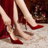 Red Xiuhe wedding shoes thin heels pointed high heels women's new single shoes bow pearl straps two wear bridal shoes