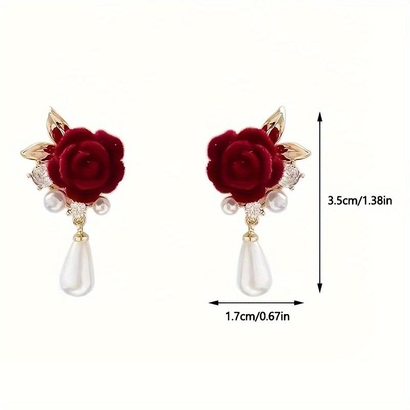 Burgundy Rose & Imitation Pearl Drop Earrings, Vintage Wedding Jewelry for Parties/Prom/Casual, Elegant Gothic Dangle Beauty Accessory