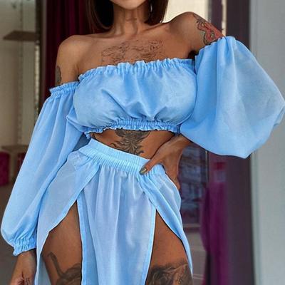 2Pcs/Set Bikini Cover Up Mesh Puff Sleeves Ladies Sexy Pure Color