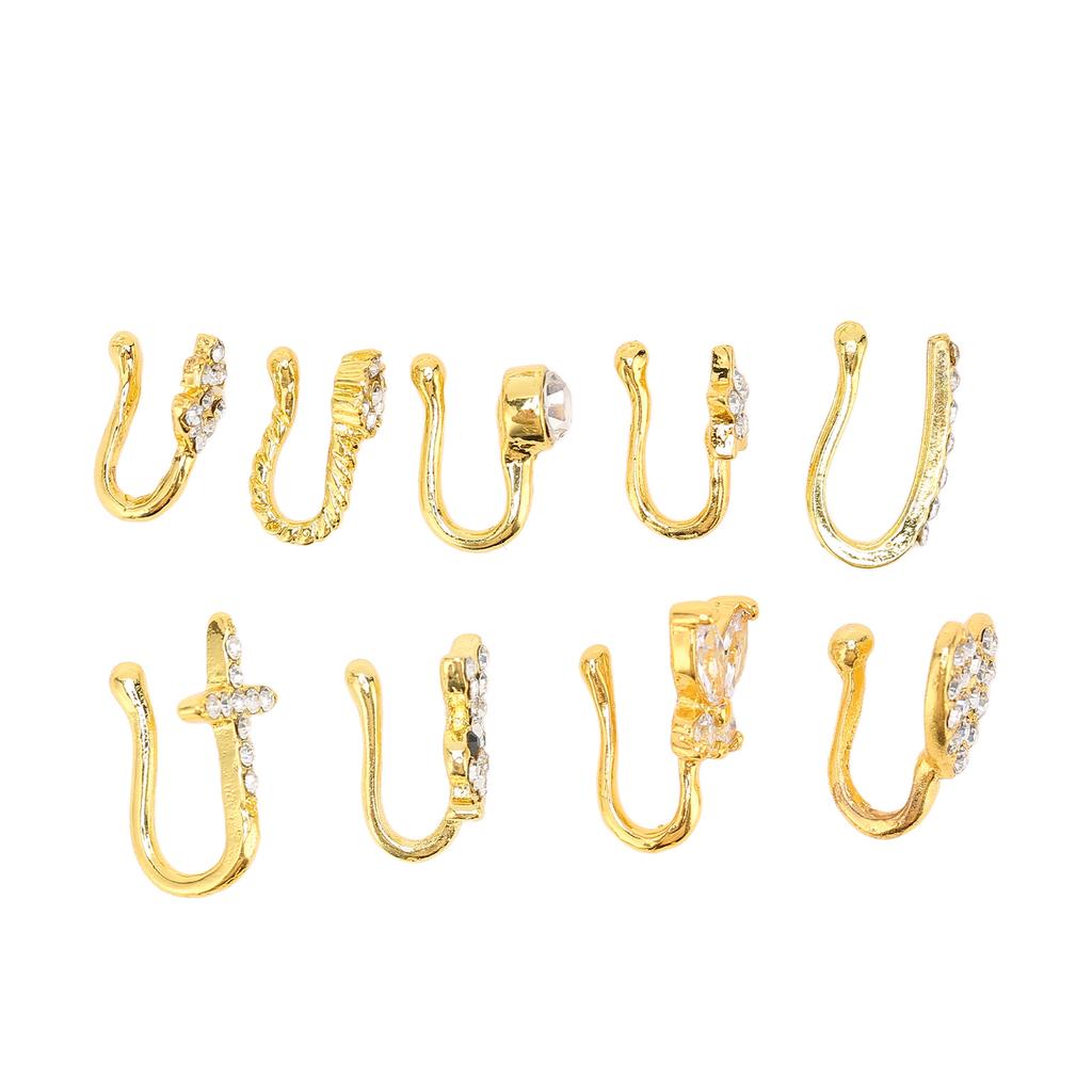 9 Pcs Fake Nose Rings Shiny Fashionable No Piercing Nose Clip Kit Faux Nose Rings for Women Gold