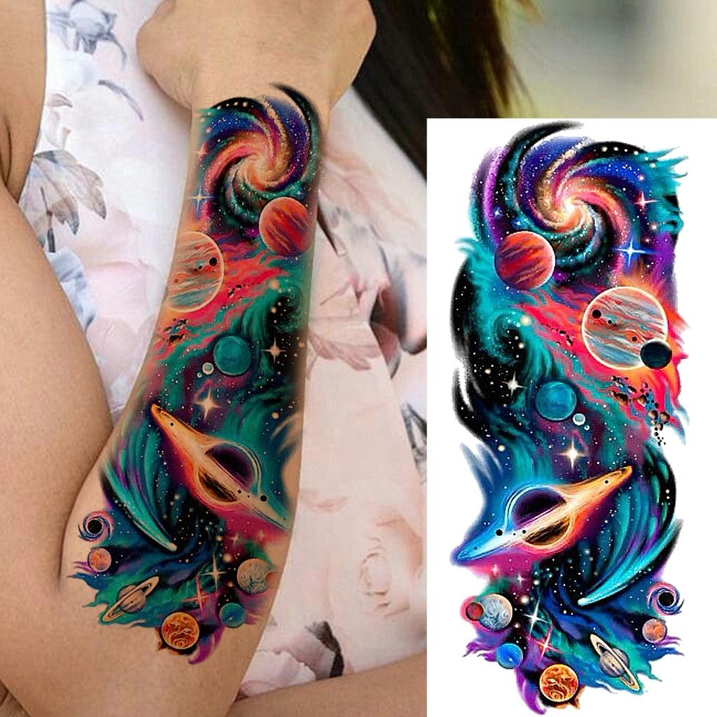 1 Sheet 3D Watercolor Universe Planets Temporary Tattoos For Men Women Long Lasting Waterproof Fake Tattoo Sticker Body Arm Art
