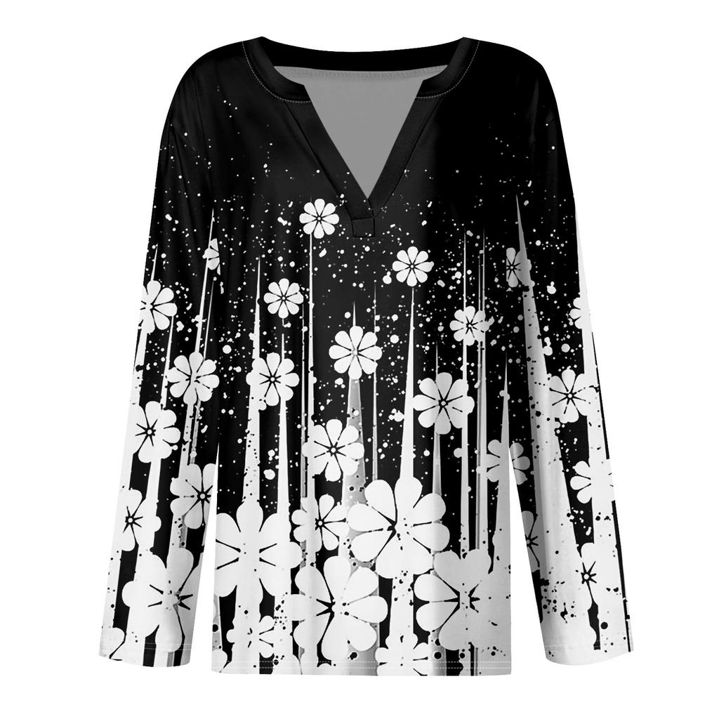 Dámské tričko tričko s potiskem knoflíky dlouhý rukáv denní víkendová móda základní véčkový výstřih běžný top