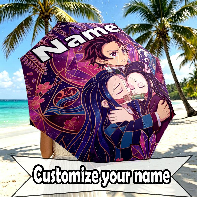 Custom Name Personalized Demon Slayer Anime Print Umbrella, Auto Open Close, 8‑Rib Sturdy Frame, Commute Camping Hiking Use, Birthday Gift