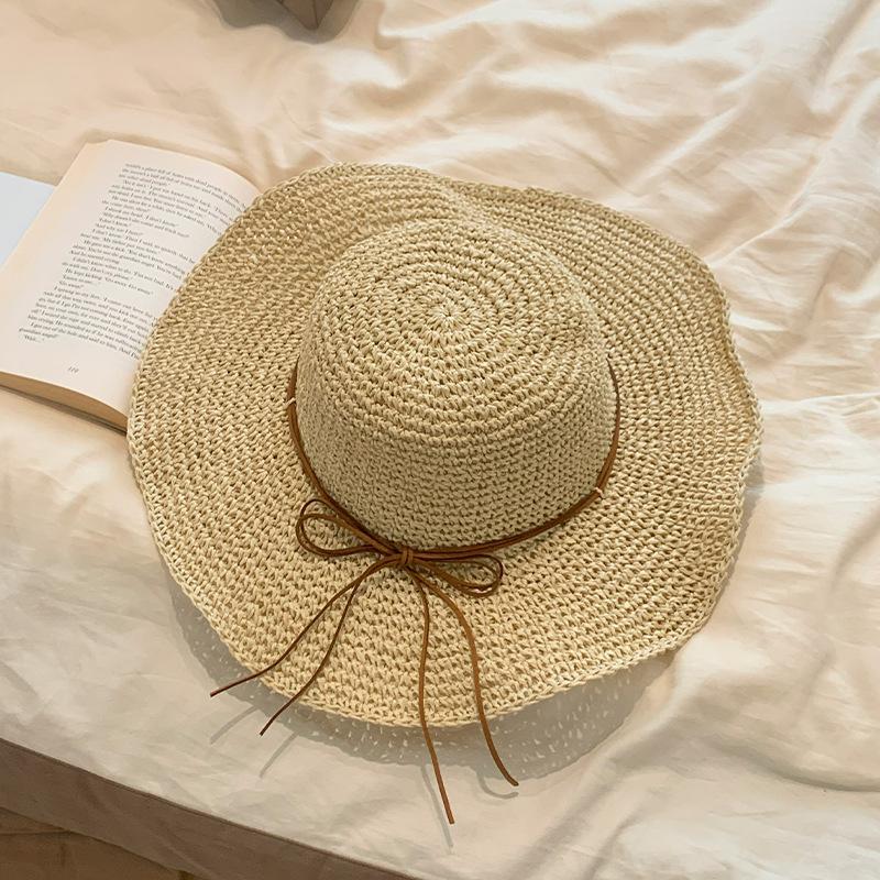 Bow Hollow Woven Straw Hat Women's Summer Seaside Beach Vacation Wind Foldable Big Eaves Sunshade Sun Protection Hat