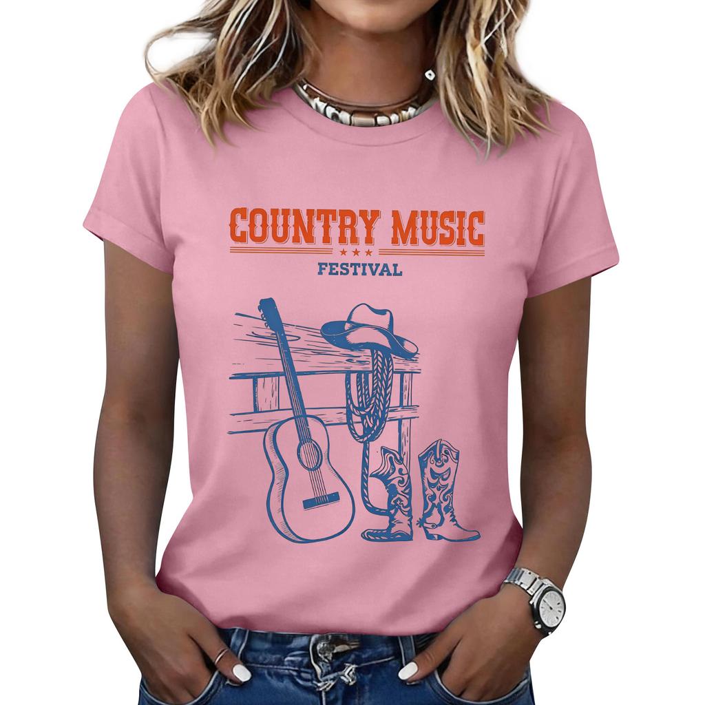 Women's Casual Short Sleeve Neck T-Shirt with Music Print for Everyday Wear
