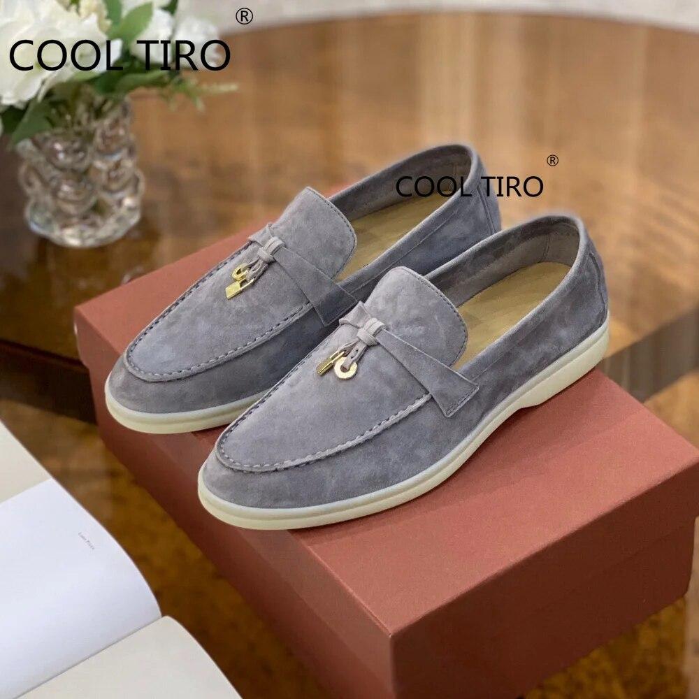 Woman Flat Shoes Slip On Women Loafers Leather Metal Lock Blue Suede Moccasins Mules Casual Driving Shoe Summer Walk Shoes Femme