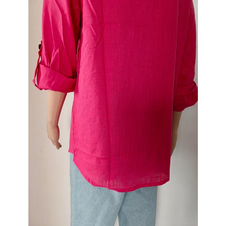 Frühling Herbst Frauen Einfarbig Baumwolle Leinen Roll-Up Langarm Hemd Drehen Unten Kragen Lose Oversize Tops