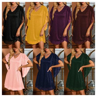 Women's V-Neck Party Dress with Foil Print Short Sleeve Elegant Evening Gown Holiday Celebration