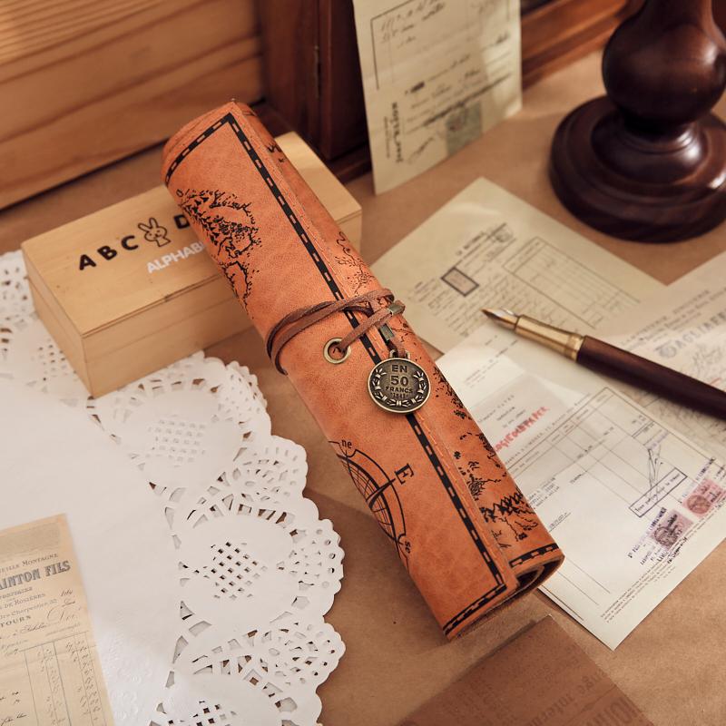 1 Pc Creative Treasure Map Retro PU Leather Large Capacity Pencil Bag Cute and Simple Stationery Box Pencil Bag