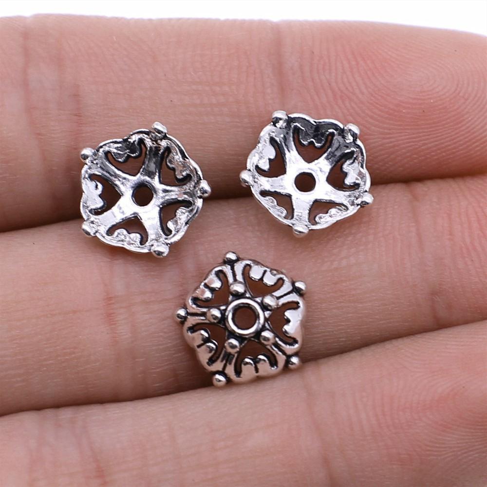 50pcs Tibetan Antique Silver Color Flower Bead End Caps For Jewelry Making Findings Needlework DIY Accessories Wholesale