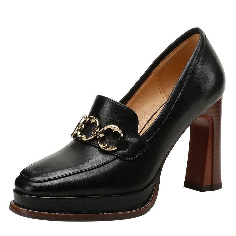 Fashion FHANCHU 2025 Rindsleder Schuhe,Damen Plateau High Heels,Viereckige Zehenpartie, Slipper,Retro-Stil,Braun,Schwarz,Größe 34-39,Dropship