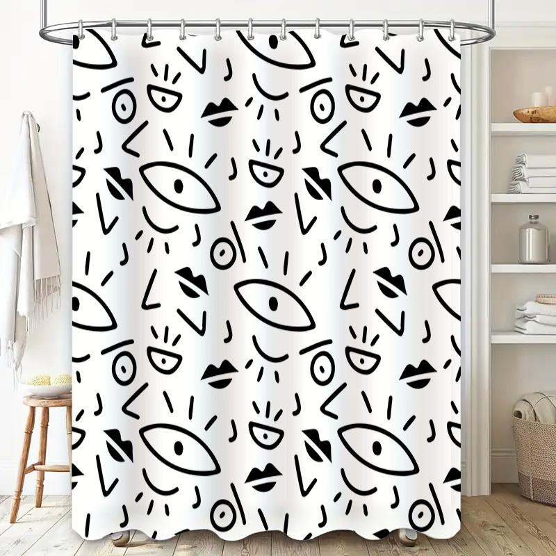 Black White Cartoon Pattern Shower Curtains Modern Simple Bathroom Decor Waterproof Fabric Print Bath Mat Sets For Home Decorati