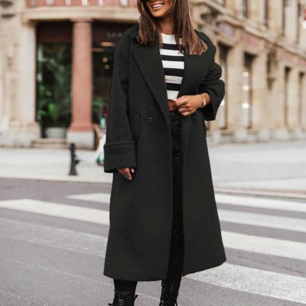 Damen Herbst-Wintermantel, Revers, lockerer langer Stil, einfarbig, dicke Strickjacke, warm, winddicht, Taschen, Doppelknöpfe, langärmelig, Damenmantel, Oberbekleidung