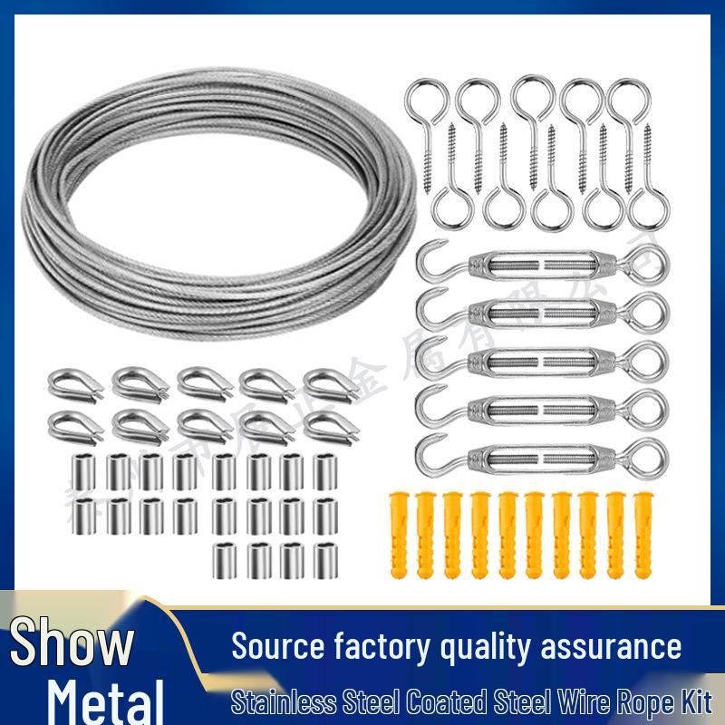 Stainless Steel Wire Rope Hanging Kit for Outdoor String Lights with Thimble Hooks and Tensioning Cable.
