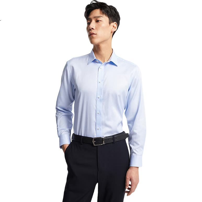 YOUNGOR Men's DP Wrinkle-Free Spring Long-Sleeve Shirt, Business Casual Pure Cotton Striped Shirt, 100163
