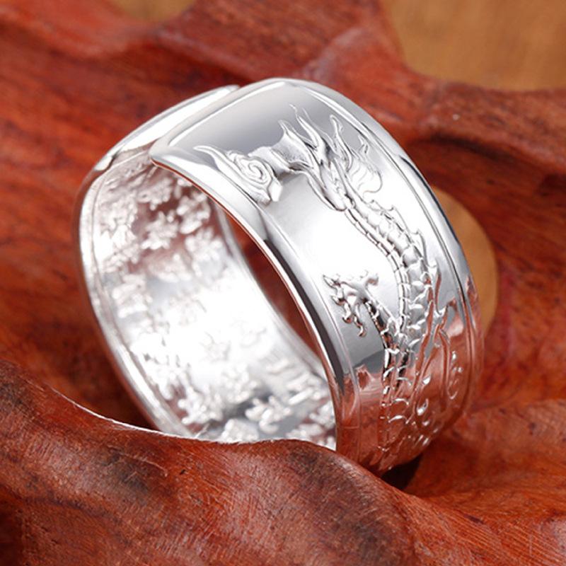 Bague élégante pour homme en argent avec dragon volant jouant avec des perles, bague ouverte pour index, motif dragon en relief, bague de statut de réussite