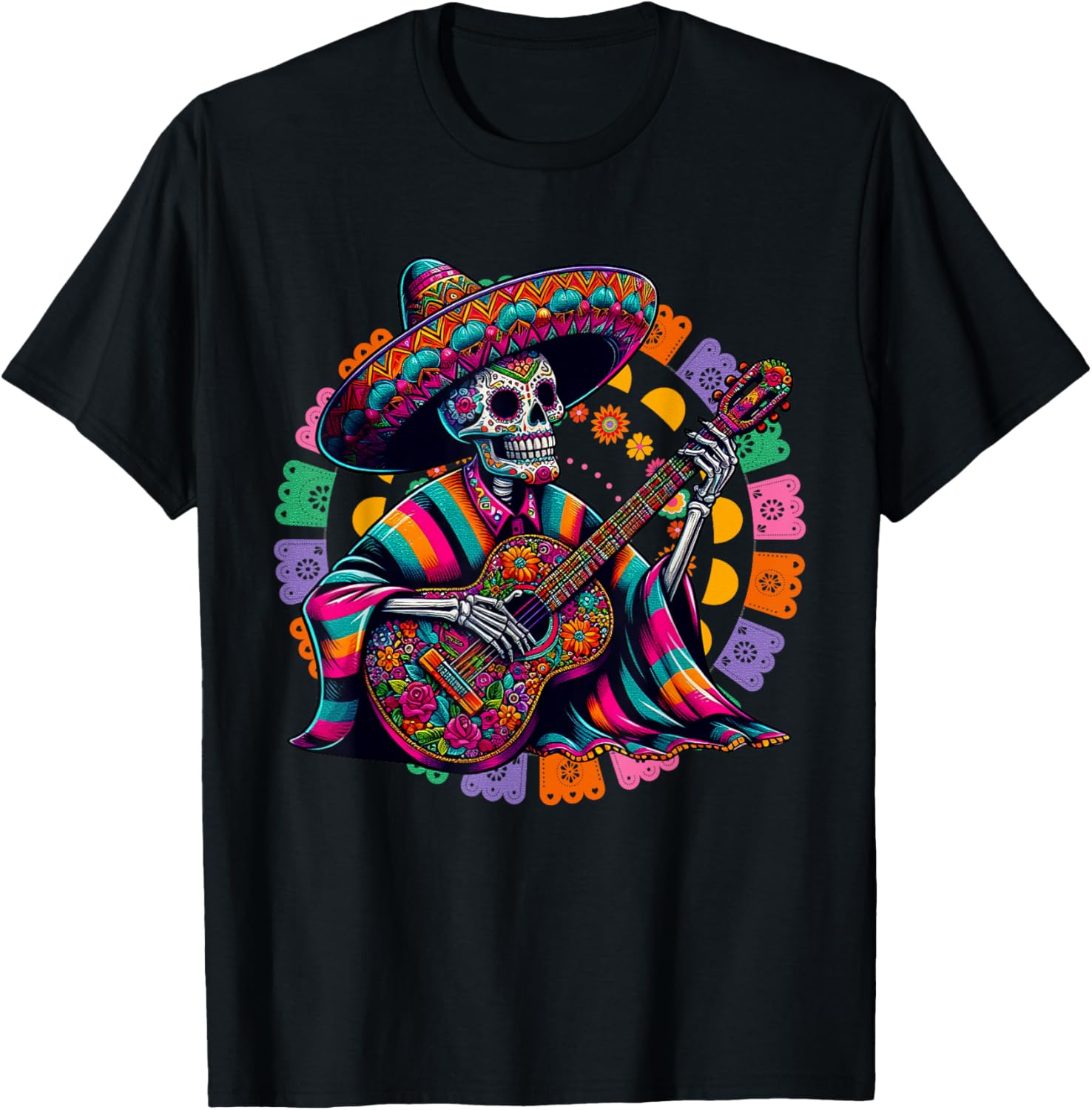 Dia De Los Muertos Skeleton playing guitar Sugar Skull Funny T-Shirt XXXL