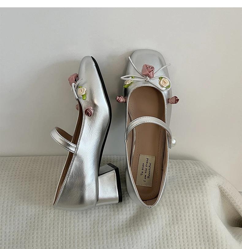 Fashion Medium Heeled Mary Jane Single Shoes 2024 New Women Shoes Fashion Elegant Flower Bow Pumps Square Toe Thick Heeled Ballet Shoes