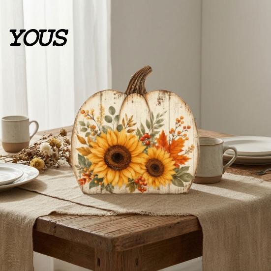Floral Sunflower Pumpkin Decor Thanksgiving Fall Table Decoration, Rustic Block Wooden Sign, Autumn Vintage Signs Farmhouse Tabletop Centerpiece