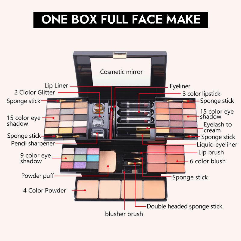 MISSROSE Makeup Palette Set: Eyeshadow, Lip Gloss, Lipstick, Blush, Concealer, Highlight, and Powder.