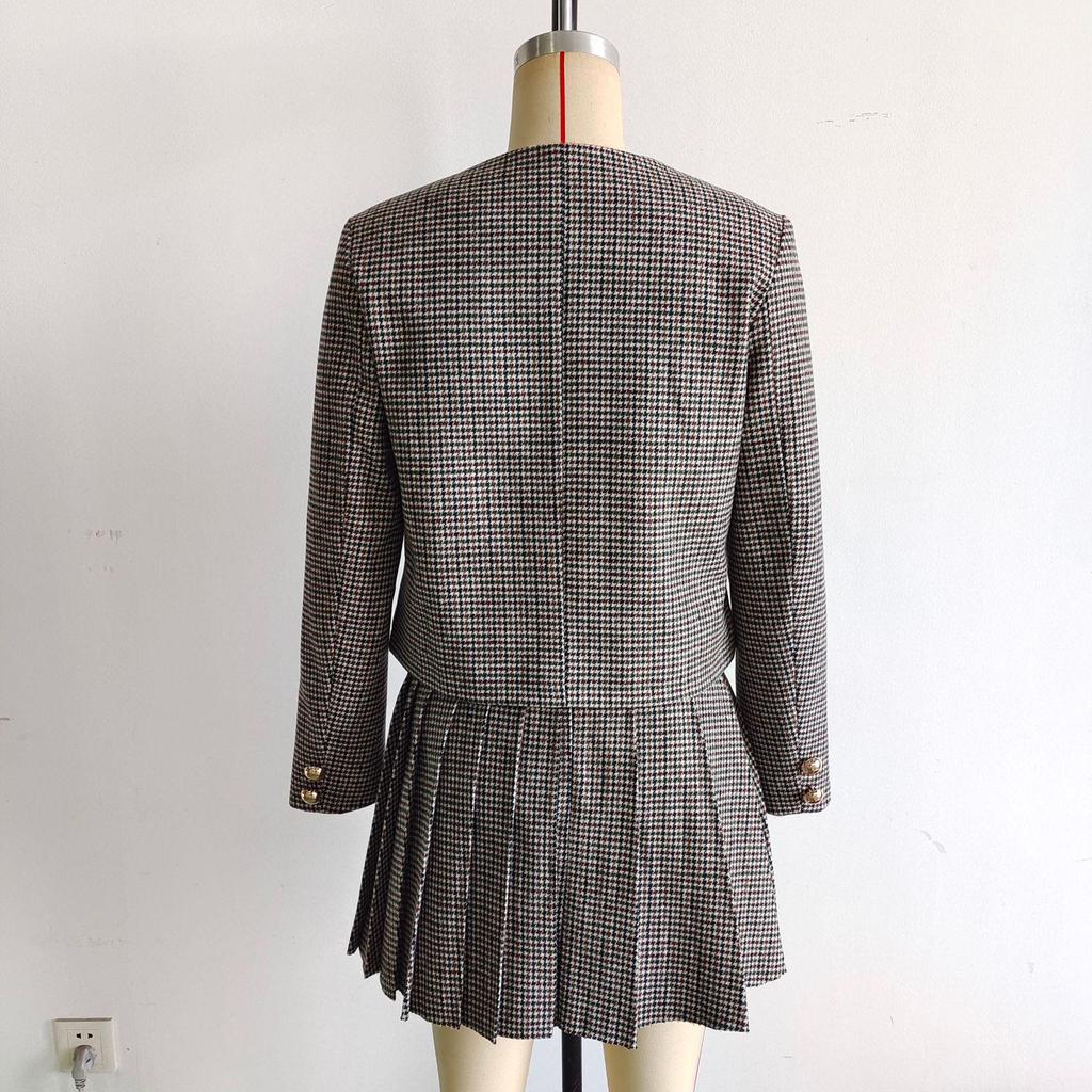 Spring 2025 European & American Women's Fashion Suit: Blazer & Houndstooth Pleated Skirt Set
